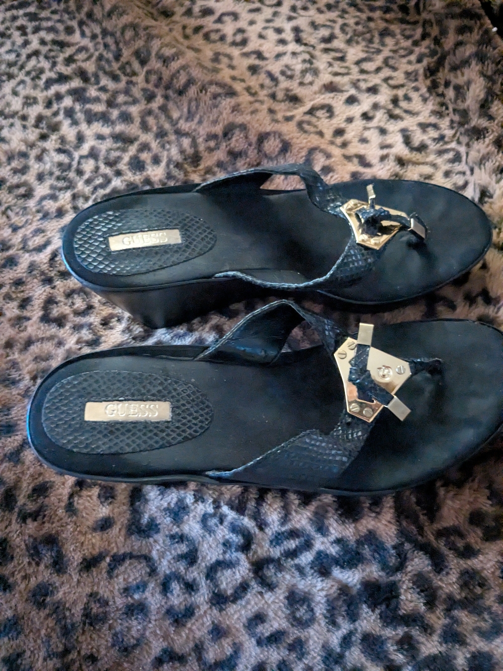 GUESS Black Wedge Thong Sandals with Gold Hardware